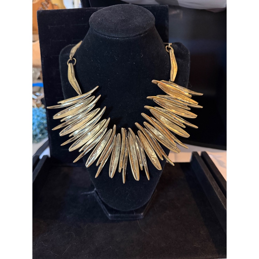 Vintage Gold Tone Spike Statement Bib Necklace Tribal Boho Brutalist Collar